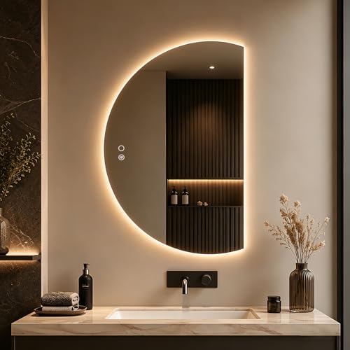 RIQAKU 35x25 Half Moon LED Bathroom Mirror with Lights Irregular Backlit Vanity Makeup Wall Mirror with Anti-Fog 3 Color Lights Dimmable Touch Switch