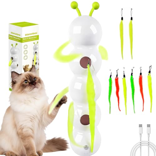 qacitxt Interactive Caterpillar Cat Toy Whack a Worm & Mole Cat Toy Smart Electric Cat Teaser Indoor Feather Toy with USB Charging & Stable Suction Cup