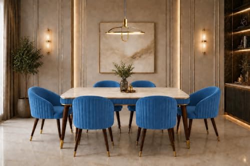Image of WOODEN SPACE 6-Seater Wooden Dining Table Set | Nano Composite Marble Top | Solid Wood Base | Modern Dining Room Furniture with 6 Chairs (Modern Blue)