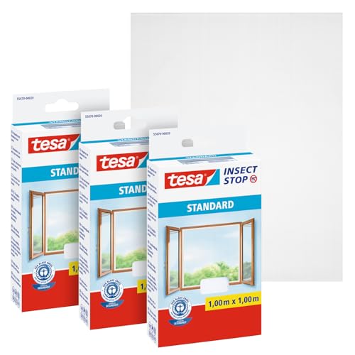 tesa Insect Stop Standard Fliegengitter für Fenster im 3er Pack - Insektenschutz zuschneidbar - Mückenschutz ohne Bohren - 3 x Fliegen Netz - 100 cm x 100 cm - Weiß