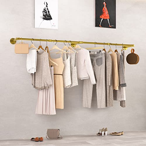 unho Kleiderstange zur Wandmontage, Industrieller Stil Rohr-Kleidergestell an der Wand befestigte, Wandgarderoben für Schlafzimmer Wohnzimmer(3 Basen), Gold