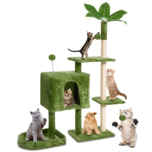 Image of 52inch Large Cat Tree Tower Condo with Hammock for Indoor Cats, Soft Plush Multi-Level Climbing Tree Cat House with Cat Cave, Scratching Post, Sisal Rope, Green