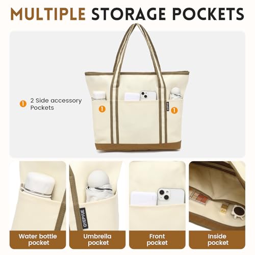Image of Large Canvas Tote Bag for Women, Beach Bag with Zipper, Utility Tote Bag with 3 Front Pockets, Weekender Pool Bag