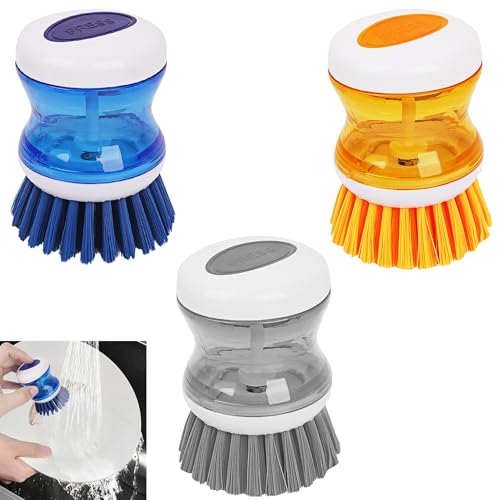 Image of Dish Scrubber with Soap Dispenser, 3 Pack Soap Dispensing Palm Brush for Kitchen Sink Pot Pan, Color Coded Dishwashing Scrub Brush Set (Gray, Blue, Orange), Non-Scratch Cleaning Tool