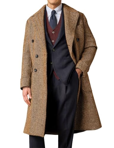 Image of TIJOFA Brown Tweed Trench Coat Men Double Breasted Pea Coats Slim Fit Herringbone Tweed Wedding Trench Coat Long Jacket Classic Business Pea Top Coat Size 2XL