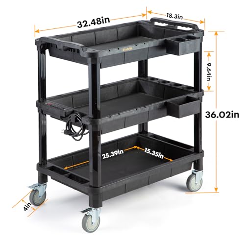 ELAFROS Multi-Use Rolling Cart with Power Strip – Industrial-Grade Plastic Utility Cart with 3 Deep Plastic Shelves, 500 lbs Capacity, 32.4\"x18.3\", Work cart, Black
