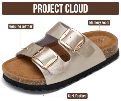 Image of Project Cloud Kids Sandals 100% Genuine Leather - Natural Cork Footbed Non-Slip Slides for Kids - Lightweight Boys & Girls Sandals - Water-Resistant Girls & Boys Sandals