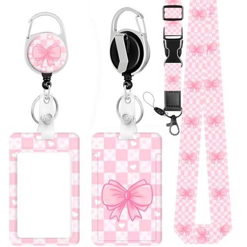 ID Badge Holder with Lanyard, Adjustable, Retractable Badge Reels, Teacher Lanyards with ID Holder Keychain Clip Name Tag ID Card Holder for Women Gift(Pink Butterfly)
