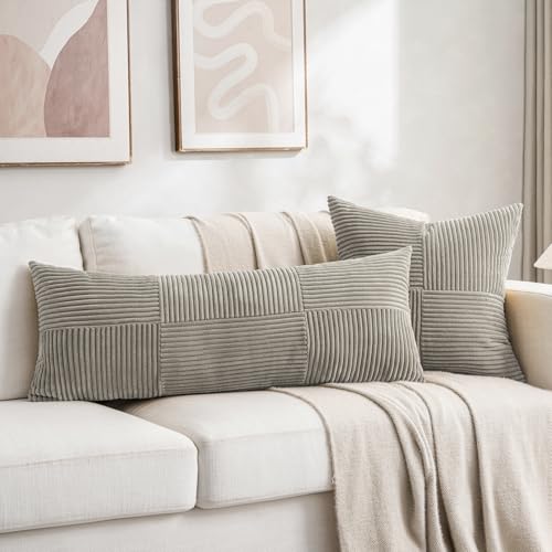 Image of Fancy Homi Set of 2 Neutral Grey Boho Long Lumbar Body Decorative Throw Pillow Cover 14x36 Inch for Bed Couch Bedroom Bench, Soft Patchwork Corduroy Textured Pillow Case, Rustic Farmhouse Room Decor