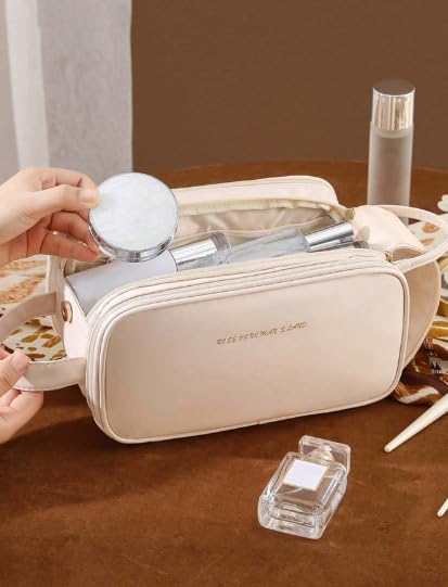 Image of Deluxe Double-Layer Travel Makeup Bag with Brush Organizer and Hanging Hook - Large Capacity for Creams, Cosmetics, and Essentials - Perfect for Women & Girls
