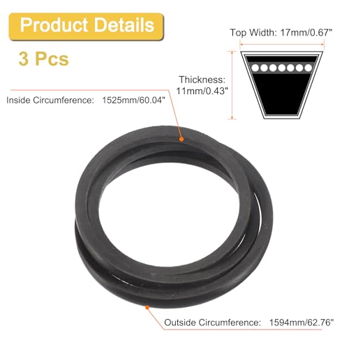 Image of uxcell 3 Pack B60 Classic Wrapped V-Belt, 63 inch Outside Circumference Wrapped Industrial Rubber V-Belt B Profile V-Belt for Industrial Machinery Equipment, Black