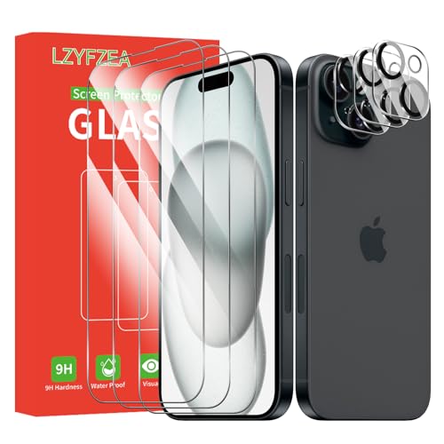 LZYFZEA Pack de 6 Piezas, 3 Protectores de Pantalla para iPhone 15, 3 Protectores de Cámara, Dureza 9H, HD Transparente, Huellas Dactilares Libre,Sin Burbujas