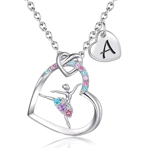 Ballerina Necklaces Gifts for Girls Ballet Dancer Necklaces for Teens Little Girls Heart Initial Rainbow Dance Necklace Jewelry Gifts for Girls Women