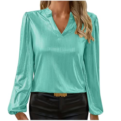 Image of Womens Satin Blouses Elegant V Neck Tunic Tops Puff Long Sleeve Tops Loose Casual Henley Top Dressy Casual Tees Top Silk Satin Ladies Tops for Work Office Mint Green