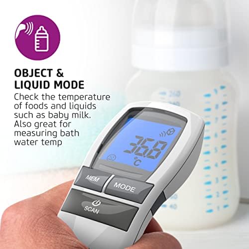 Salter TE-250-EU No Touch Infrared Thermometer, Forehead Mode, Objects and Liquids, Night Mode, Fever Alarm, 30 Memory Recall, One Second Reading, Backlit Display,