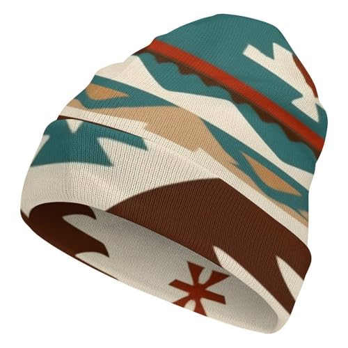 Fashion Warm Beanie Slouchy Knit, Classic Skull Cap, Cuffed Plain Hat, Oversized Knit Cap for Men and Women Ethnic Indiana Southwest Western Tribal Aztec Green