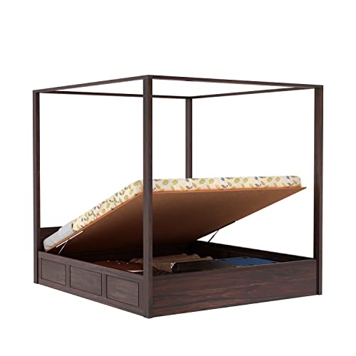 Image of Solid Sheesham Wood Queen Size Poster Bed Hydraulic Storage for Bed Room Living Room Home Wooden Double Bed Palang Solid Wood Bedroom Furniture for Hotel (Walnut Finish)