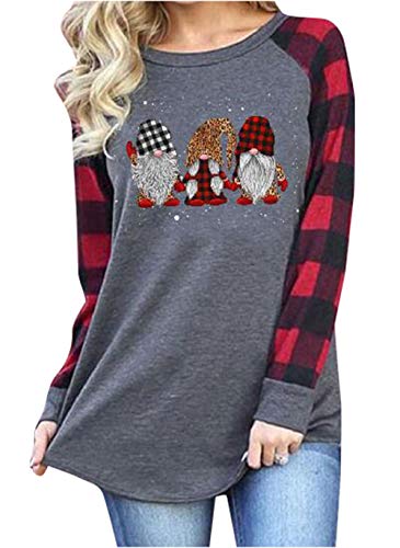 Image of Women Gnomes Santa Christmas Sweatshirt Leopard Plaid Little Santa Claus Graphic Tees Plaid Xmas Raglan Baseball Shirt - grey - Large
