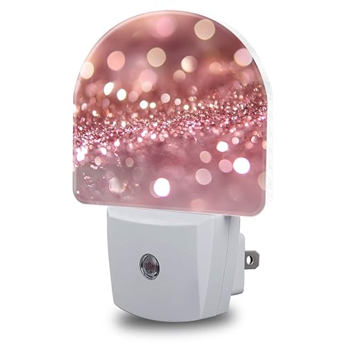 Image of Night Lights Plug into Wall Rose Pink Glitter Night Light Dusk to Dawn Smart Sensor Decorative Round Led Lamp for Bedroom Kitchen Hallway Nightlight for Women Men