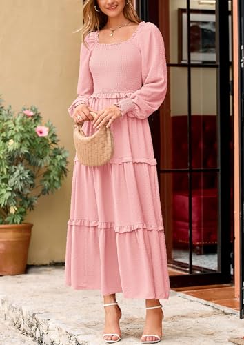 PRETTYGARDEN Fall Dresses for Women 2025 Long Sleeve Smocked Square Neck Swiss Dot Tiered Flowy Wedding Guest Maxi Dress