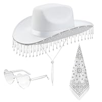 Cowboy Hat, White Cowgirl Hat with Rhinestone Fringe, Heart Glasses, Bandana, Adults Bling Glitter Cowgirl Hats for Halloween Costume, Western Party, Fancy Dress Accessory