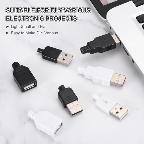 QUARKZMAN 20Stück USB 2.0 Typ A Stecker Verbinder 4 Pin Lötanschluss Mit 3mm Kabelbohrung Für DIY Kabelreparatur-Set Netzteil Mikrocontroller-Projekte Weiß/Schwarz 36.5x14.8mm