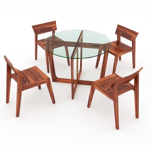 Image of Solid Sheesham Wood Dining Table Set of 4 | Wooden 4 Seater Dining Table with 4 Low Height Chairs | Wood Dining Table & Chairs for Home, Restaurant, Cafe, Dining Room | Honey Finish