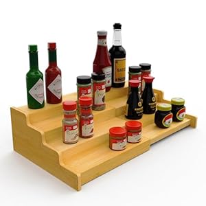 Spice Rack Organizer for Expandable 4-Tier, Adjustable Bamboo Spice Storage for Kitchen Cabinet, Pantry and Countertop Organization, Natural