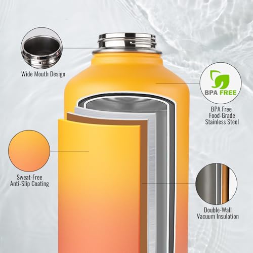 Image of Fijinhom Gallon Water Bottle with 2 Lids (Straw & Spout), 304 Stainless Steel Water Jug with Handle and Wide Mouth, 1 Gallon Vacuum Double Walled Jug for Sports, Outdoors, Yellow&Orange 128 oz