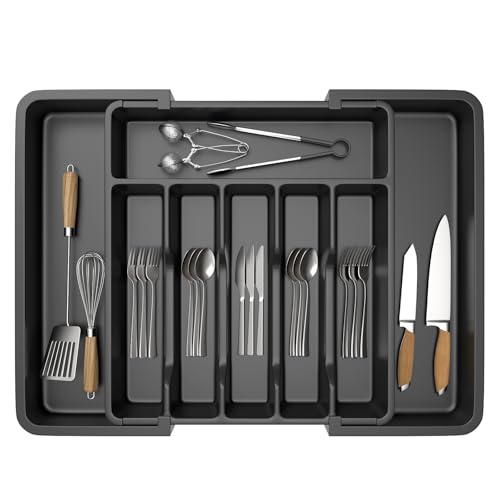 Cutlery Drawer Organiser, 33-57CM Expandable Utensil Tray for Kitchen with 8 Compartment Holders, Adjustable Silverware and Flatware Holder, Compact Plastic Storage Insert for Spoons Forks Knives
