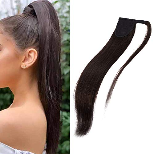 Elailite Brown Human Hair Ponytail Real Hair Extension Straight - Wrap Around Clip in Ponytail 100% Remy Hair (#2 Dark Brown, 22 Inch)