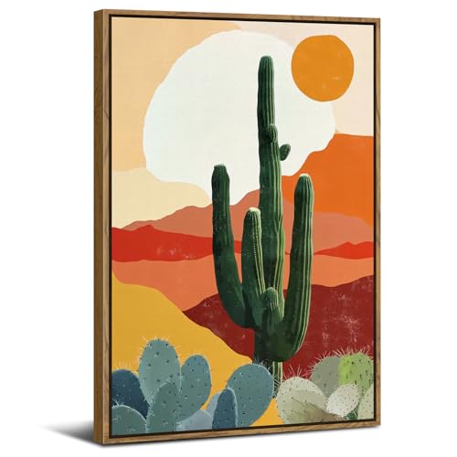 Framed Boho Wall Art for Bedroom Living Room Bohemian Canvas Decor Abstract Boho Room Decor Sunset Mountain Desert Cactus Landscape Painting Prints Modern Aesthetic Artwork Home Decorations 30x40cm