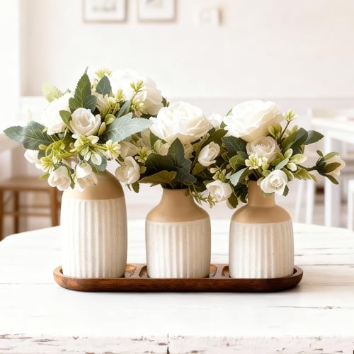 Set of 3 Artificial Flowers in Ceramic Vases with Wood