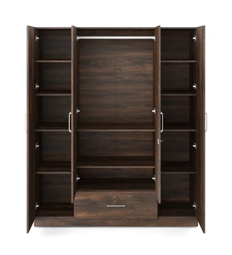 Image of Nexel 4 Door Wardrobe | Engineered Wood | Natural Teak Finish | Spacious Storage with Drawers, Shelves & Hanger | Elegant and Durable | Knock Down | 36 Months Warranty