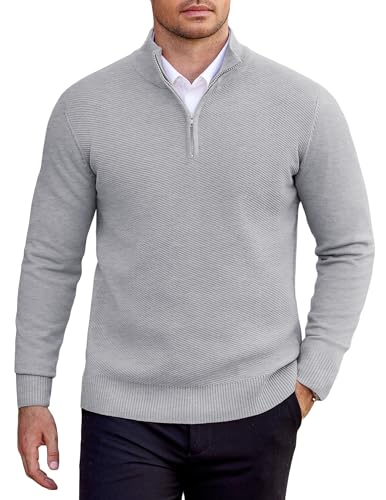 COOFANDY Mens Jumper Quarter Zip Jumpers for Men Knitted Men's Sweaters Half Zip Golf Jumpers Winter Warm Stand Collar Pullover Light Gray M