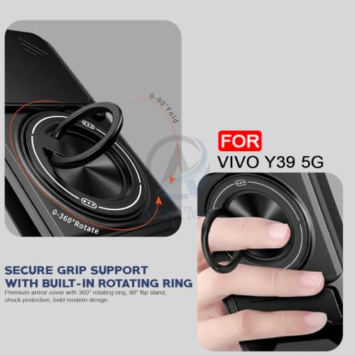 Image of AESTMO VIvo Y39 5G Back Cover | Armor Camera Slider 360 Degree Rotating Finger Ring Holder Case with Bracket Stand Back Case Cover (Compatible with MagSafe Accessories) (Black)