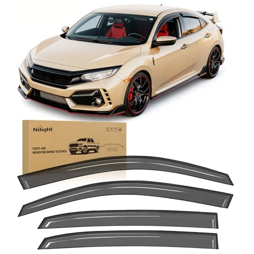 Image of Nilight Tape-On Window Visors for Honda Civic Hatchback 2016-2021, 4PCS | Out-Channel Smoke Rain Guards, Helps Reduce Wind Noise, Fits Honda Civic Hatchback 2016 2017 2018 2019 2020 2021