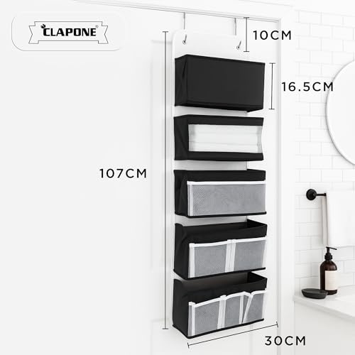 Image of CLAPONE Over the Door Organizer /Large Pockets - Anti-Tilt Hanging Storage for Bedroom /Closet Door Storage /Bathroom /Pantry /Nursery /Bedroom (Black, 5 Shelf Hanging Door)