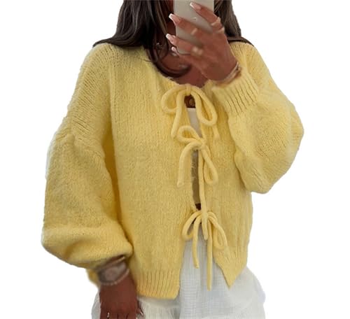 Image of Women Knitted Tie Front Cardigan Tops Casual Knitwear Top Long Sleeve Open Front Baggy Sweater Y2k Girls Outwear