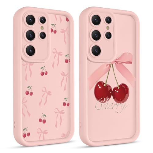 lioscre 2 Pack Cute Bow Cherry Phone Case for Samsung Galaxy S24 Ultra 5G 6.8", Aesthetic Pink Bowknot Pattern Print Design Women Girls Case Soft Slim Shockproof TPU Protective Funda Cover