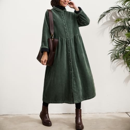 Akivide Womens Retro Classic Corduroy Button Down Lapel Neck Maxi Dress Fall Winter Casual Jacket Outerwear with Side Pockets2
