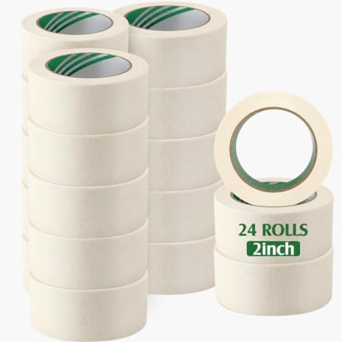 Image of Frienda 24 Rolls Wide Masking Tape 2 Inches x 50 Yards Painters Tape General Purpose Painting Tapes Bulk Easy to Remove for Home School Office Painting Labeling DIY Art and Crafts (Beige White)