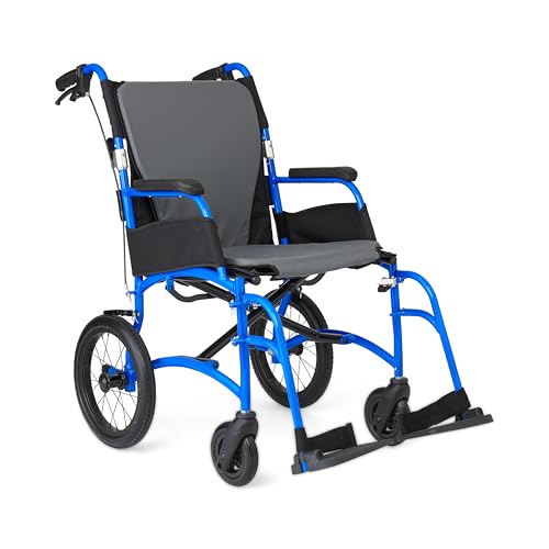 Medline Ultralight Transport Chair Lightweight Folding Wheelchair with 12 in Rear Wheels Padded Armrests Swing Away Footrests Safety Seat Belt 300 lb Capacity Blue 1 Count