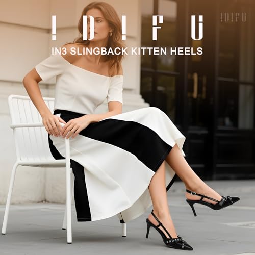Image of IDIFU IN3 Slingback Kitten Heels for Women Stiletto Heel Closed Pointed Toe Pumps Buckle Straps Dress Shoes Sexy Prom Party Work Trendy Fashion Comfortable Pumps Dressy Shoes