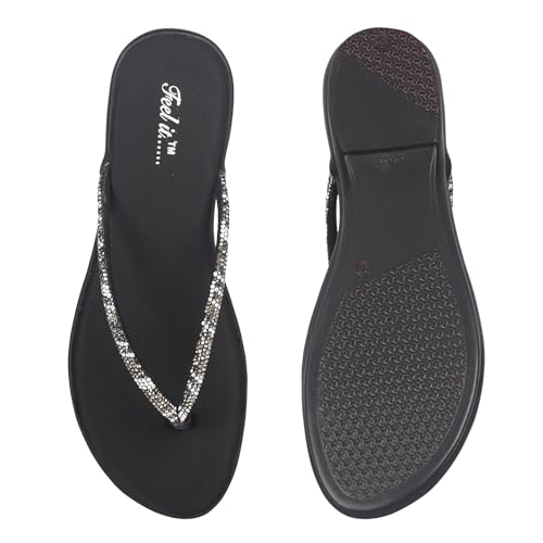 Image of Feel it Women Casual One Toe Flats Sandal, Women's Flat Slip on Embellished Ethnic Sandals Slippers for Party & Wedding