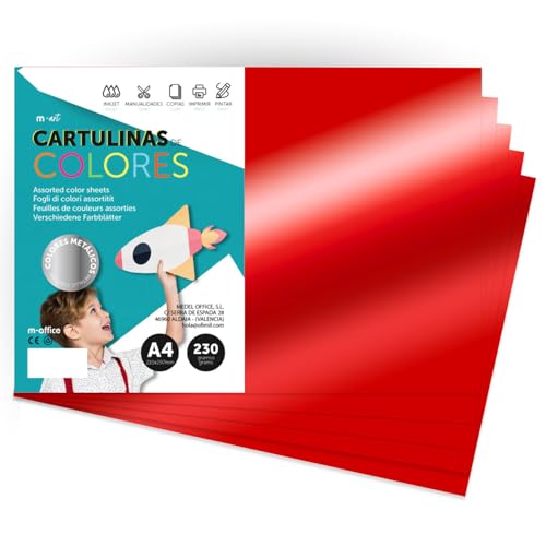 Cartoncino Colorato Metallizzato, Fogli A4 21x29,7cm, Cartoncini 230g per Fai da Te, Progetti Creativi e Arte con Effetto Riflettente m-office (10 fogli, rosso)