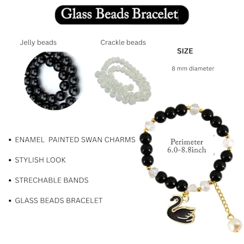 Keeper Lost Cities Merch Black & White Swan Bracelet Set, KeeperOTC Stretchable Elastic Bands with Glass Beads with black and white swan charms4