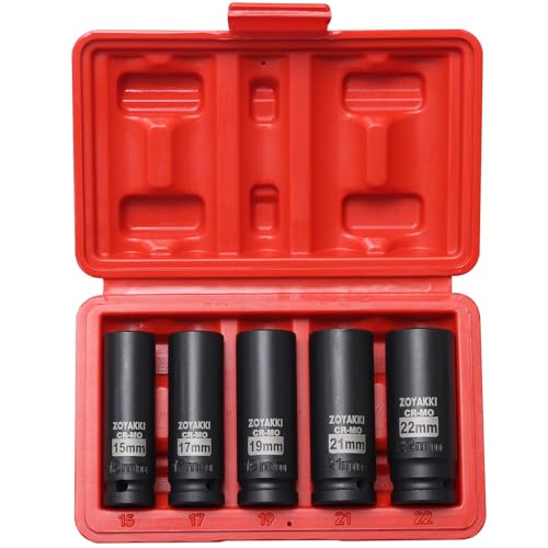 ZOYAKKI 5 Pieces 1/2-Inch Drive Deep Impact Socket Set, (15-17-19-21-22mm), Metric Wheel Nuts, 6 Point, 5 Pieces 1/2