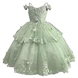 PAEGXN Princess 3D Floral Kids Ball Gowns Tulle Sage Flower Girl Dresses with Lace Appliques Lovely Spaghetti Strap Toddler Vestidos De Fiesta para Niñas Size 4