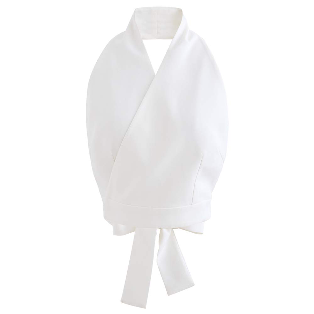 CHICWISHWomen's Comfy Casual Black/White Tie Waist Halter Crop V-Neck Top